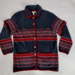 Talbots Navy and Red Patterned Fleece Jacket